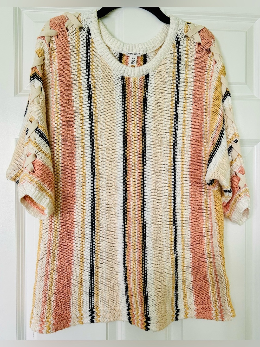 Tribal Jeans Striped Cotton Crewneck Sweater with Lace-Up Sleeve Detail